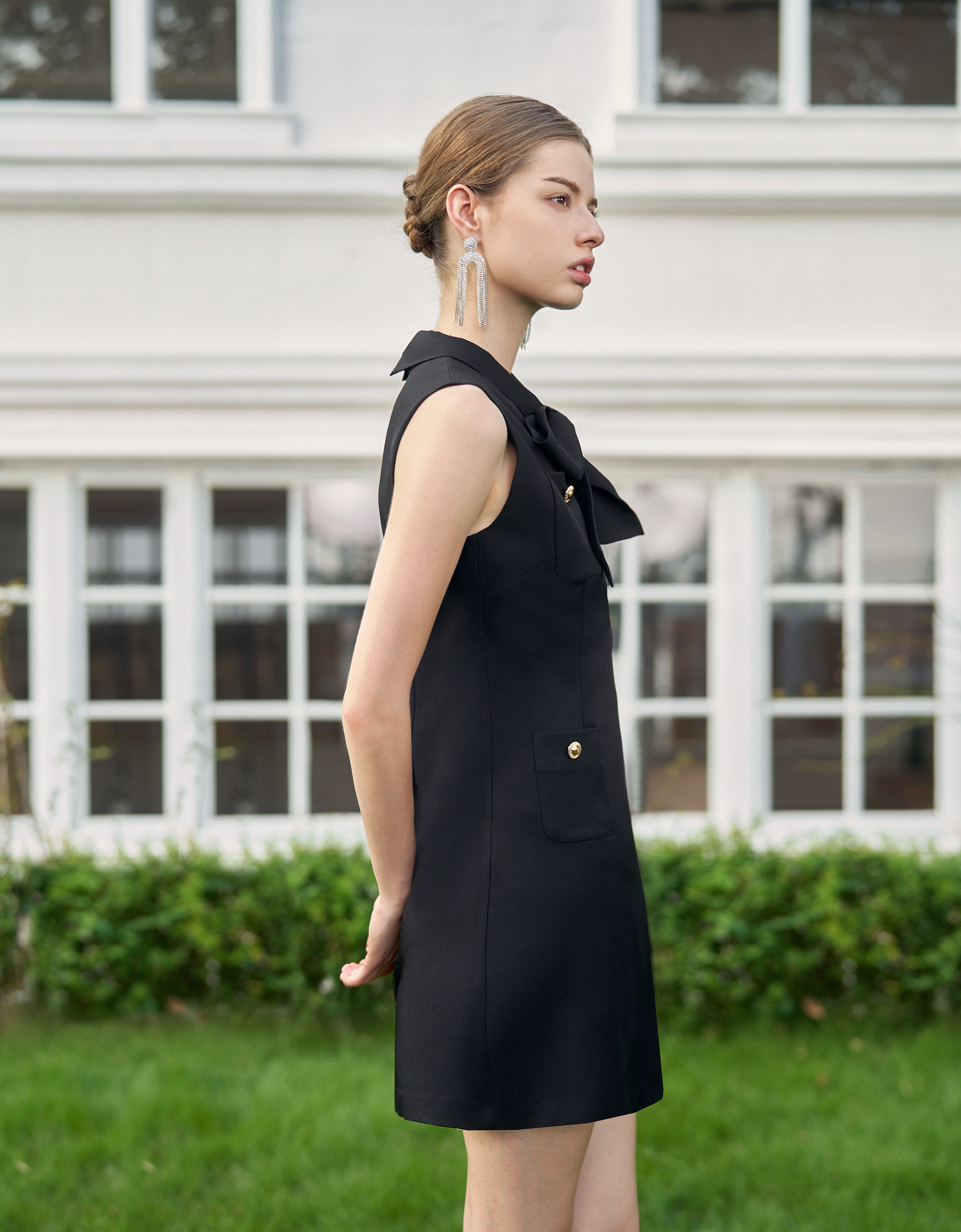 Bow Tie Pocket Front Sleeveless Dress