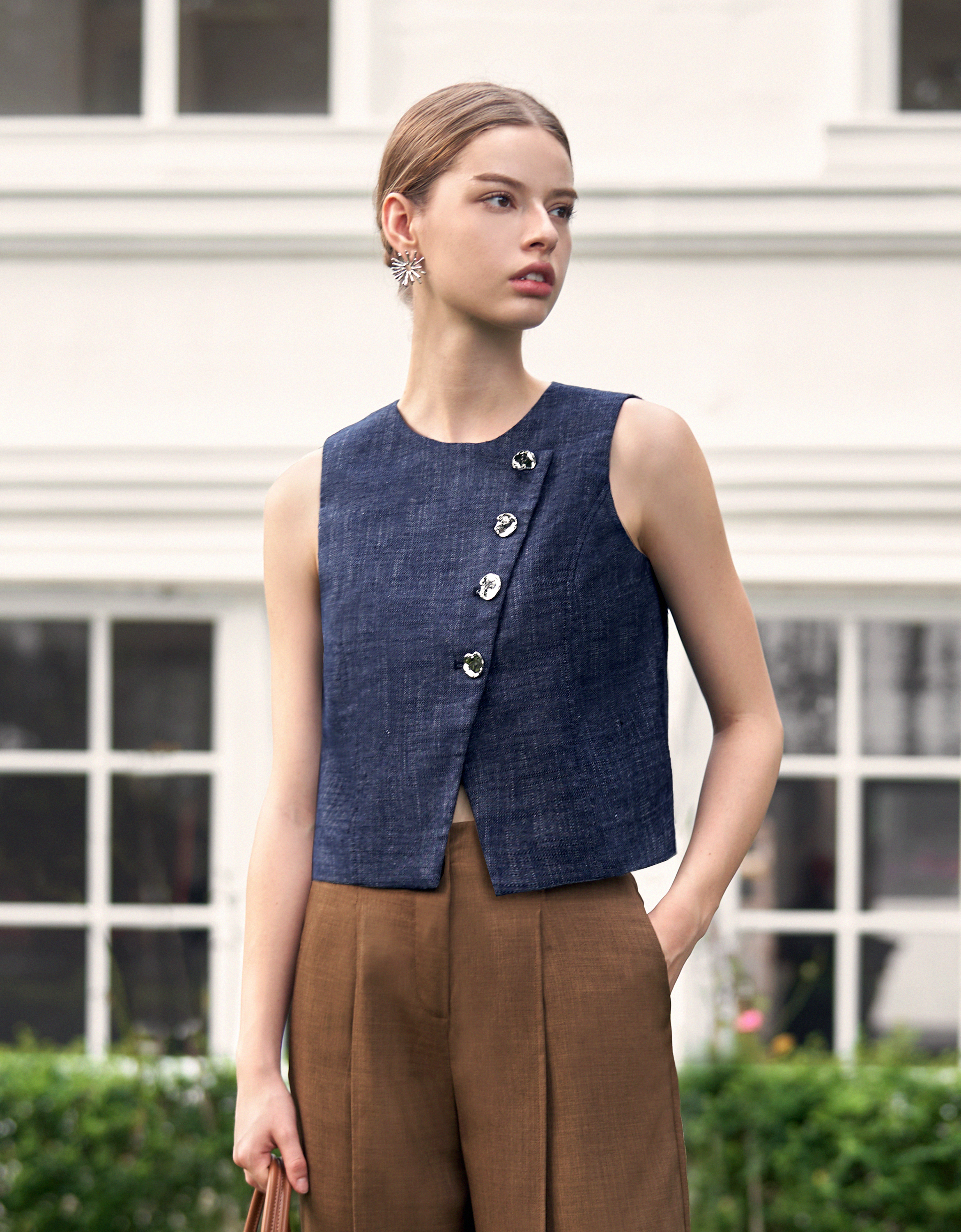 Asymmetric Button Sleeveless Vest