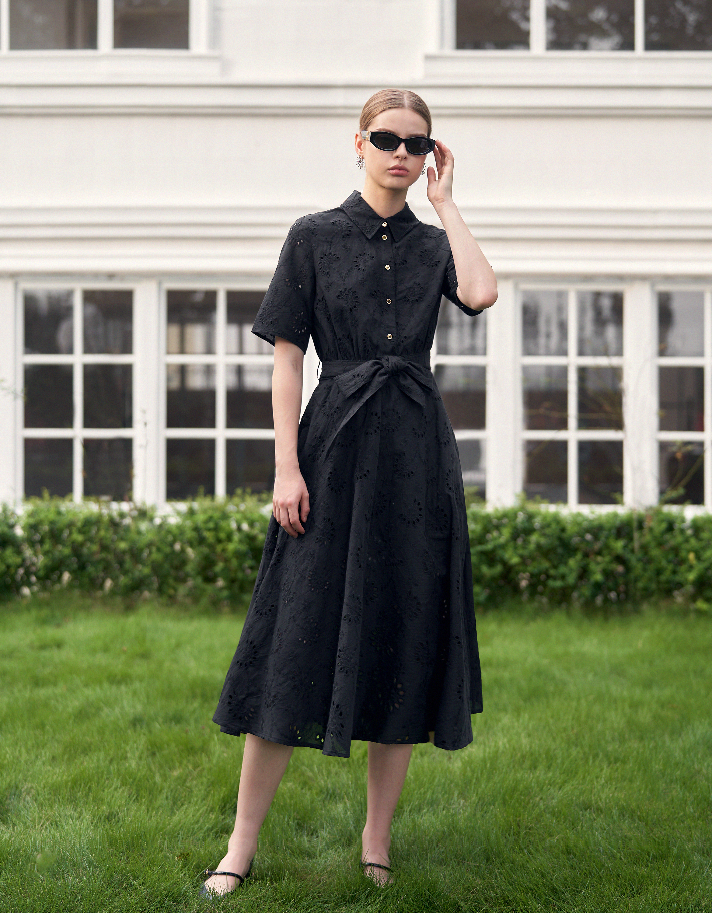 Cutwork Embroidery Midi Shirt Dress