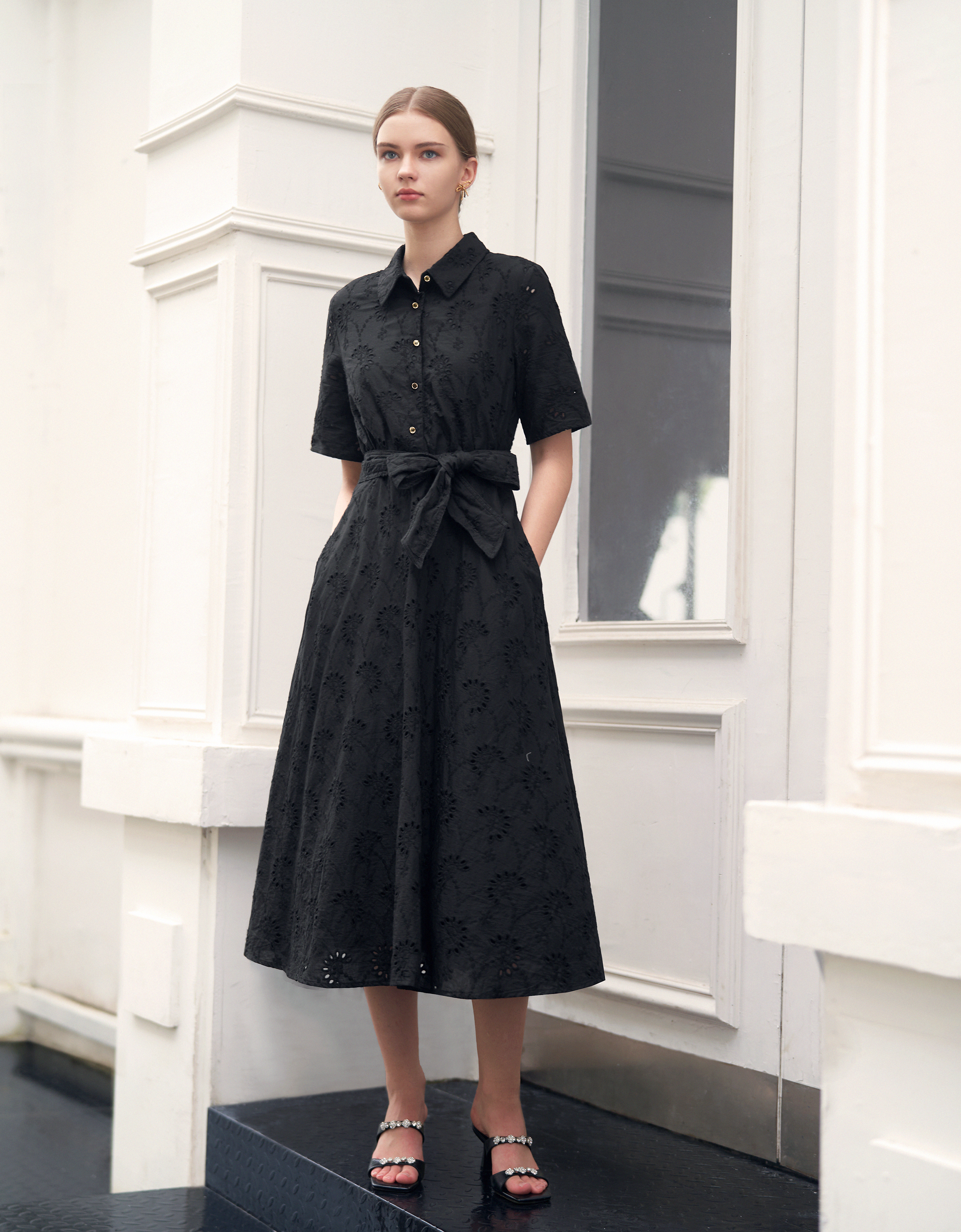 Cutwork Embroidery Midi Shirt Dress