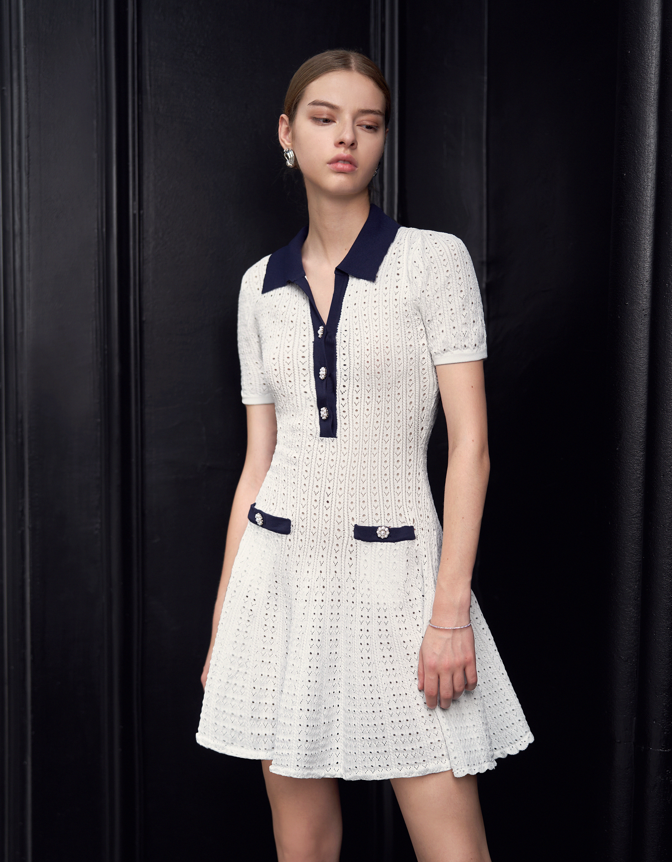 Cutwork Embroidery Contrast Detail Short Sleeve Dress