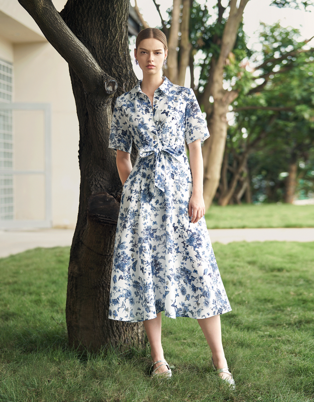 Short Sleeve Printed Midi Shirt Dress