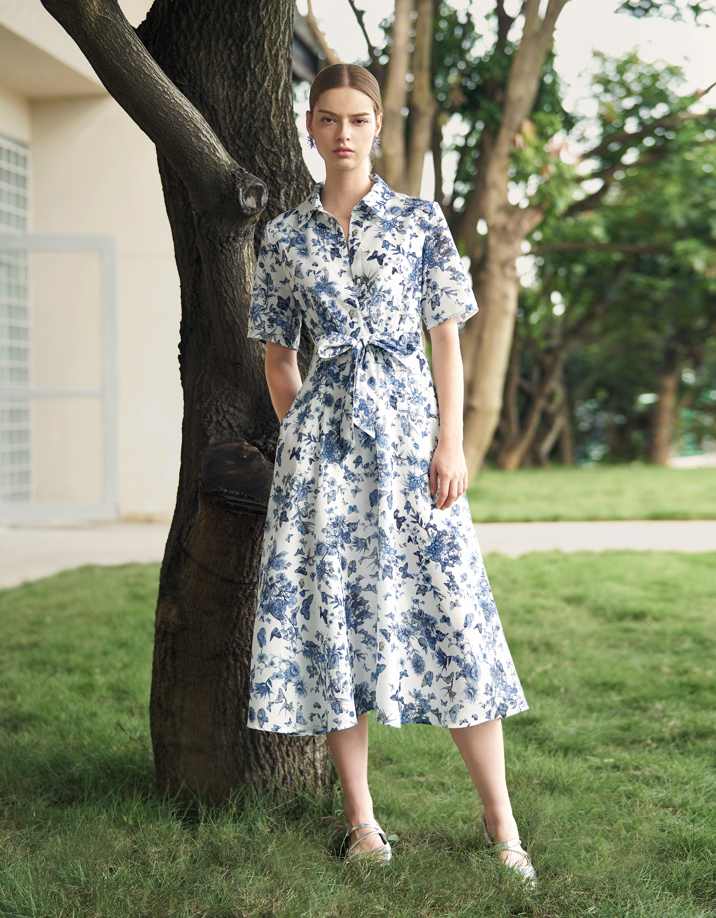 Short Sleeve Printed Midi Shirt Dress