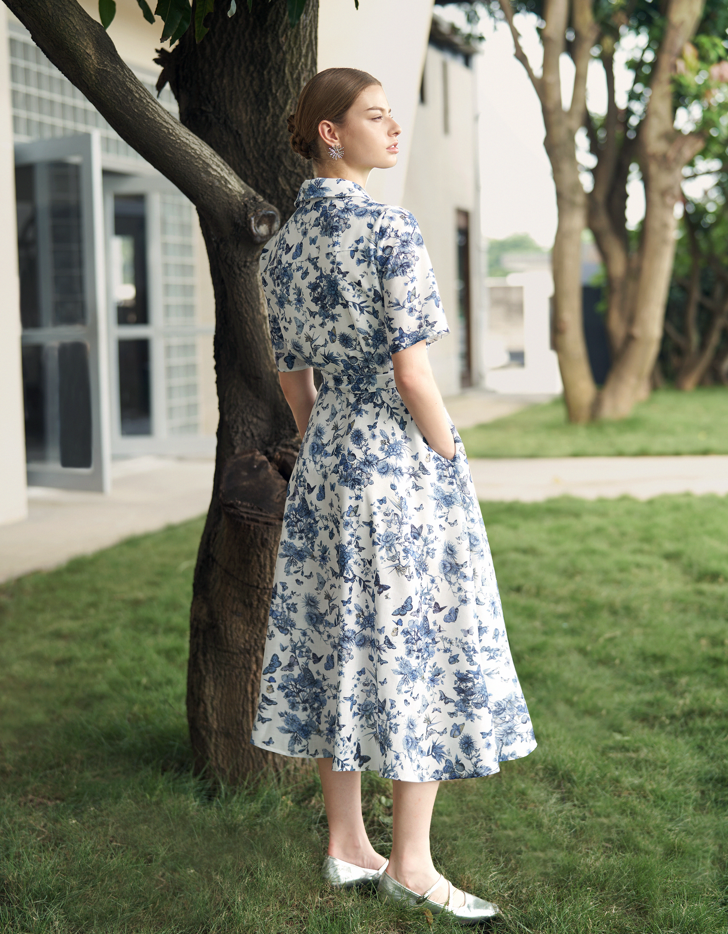 Short Sleeve Printed Midi Shirt Dress
