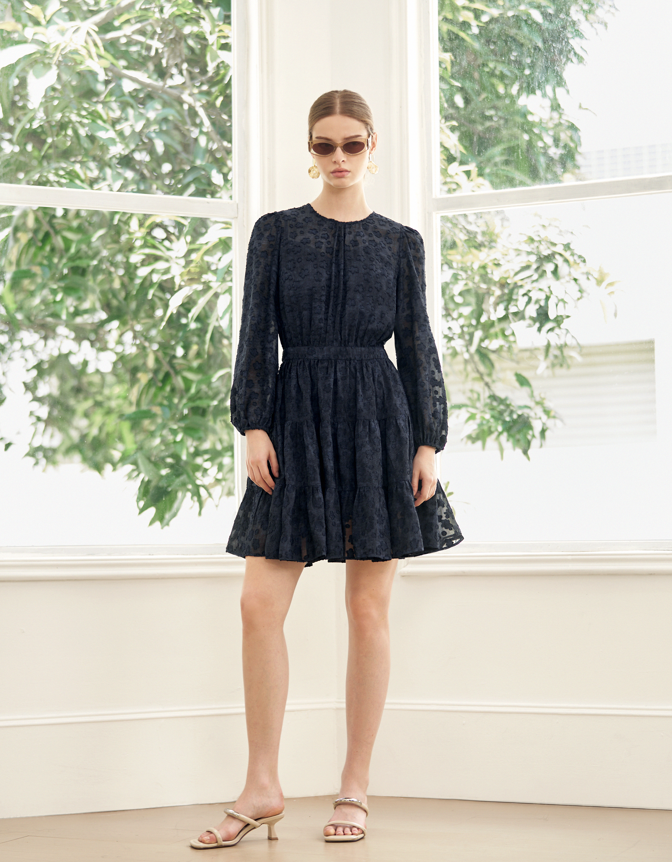 Bishop Sleeve Round Neck Textured Dress