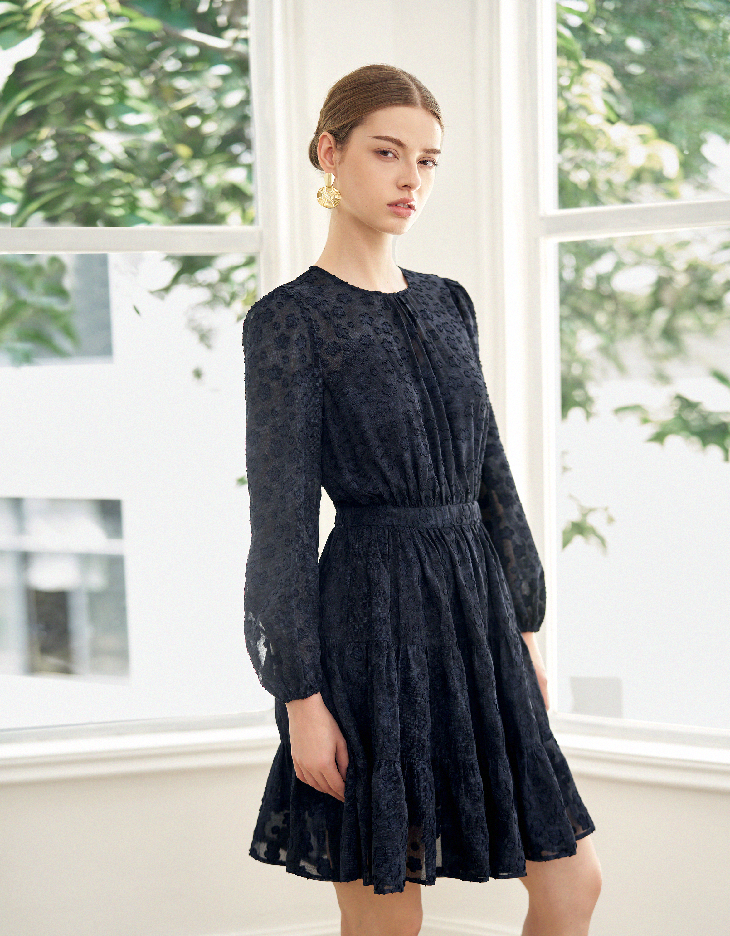Bishop Sleeve Round Neck Textured Dress
