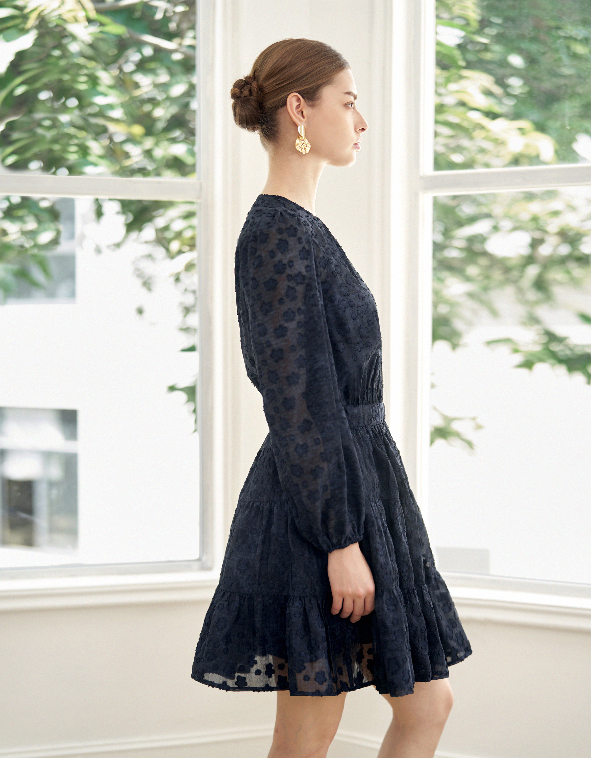 Bishop Sleeve Round Neck Textured Dress