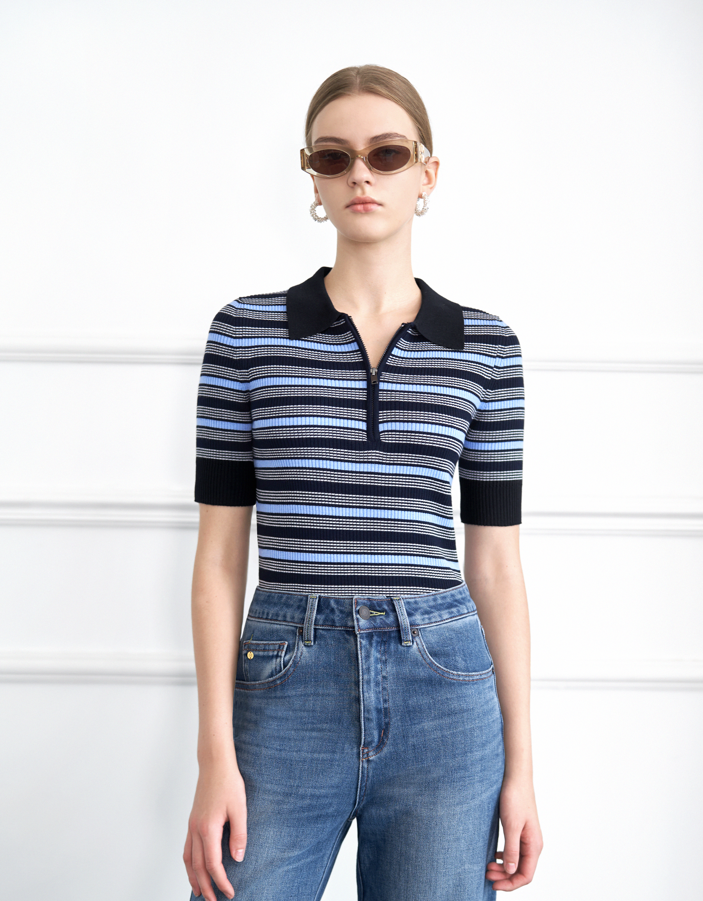 Short Sleeve Striped Knit Polo Shirt