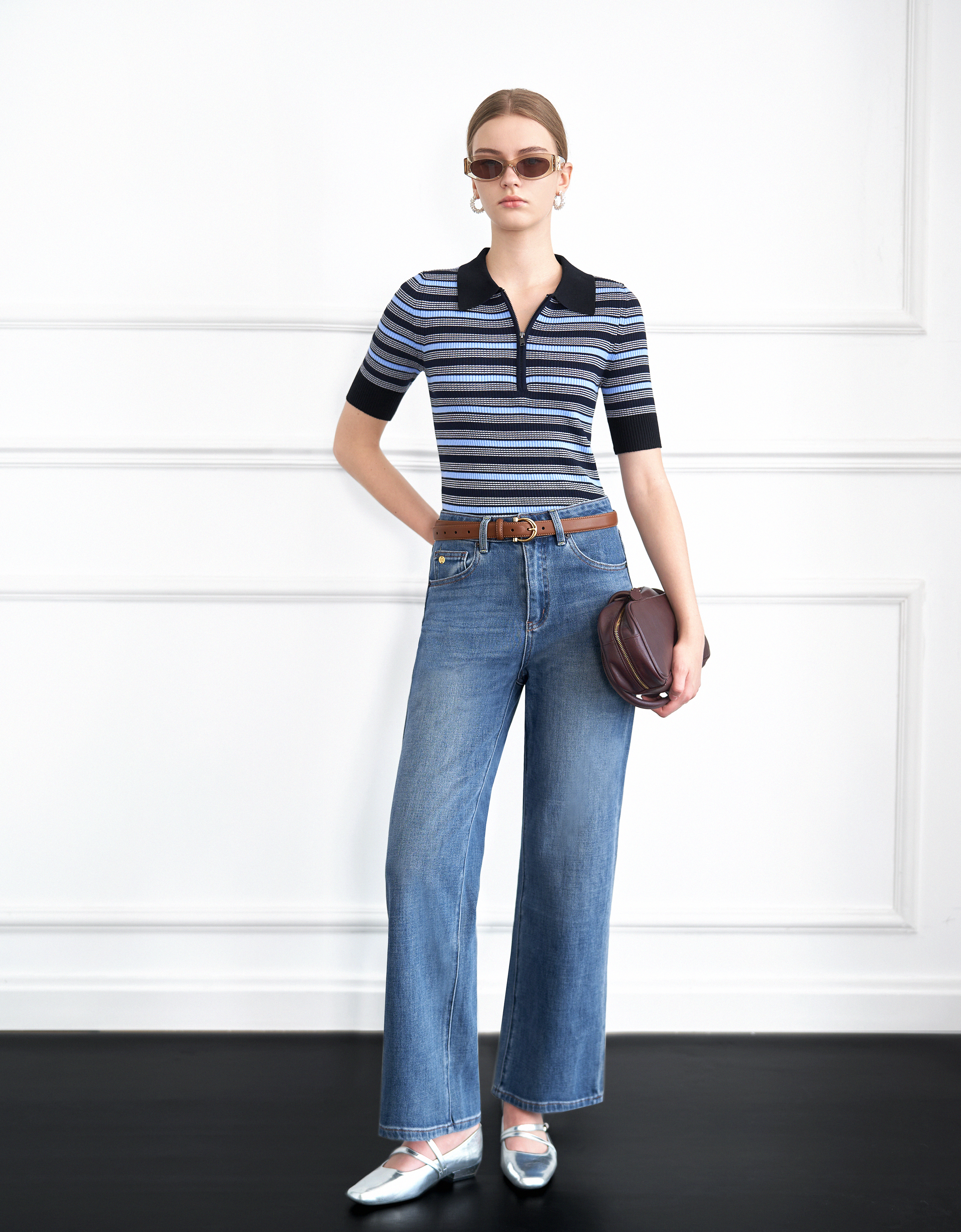 Short Sleeve Striped Knit Polo Shirt