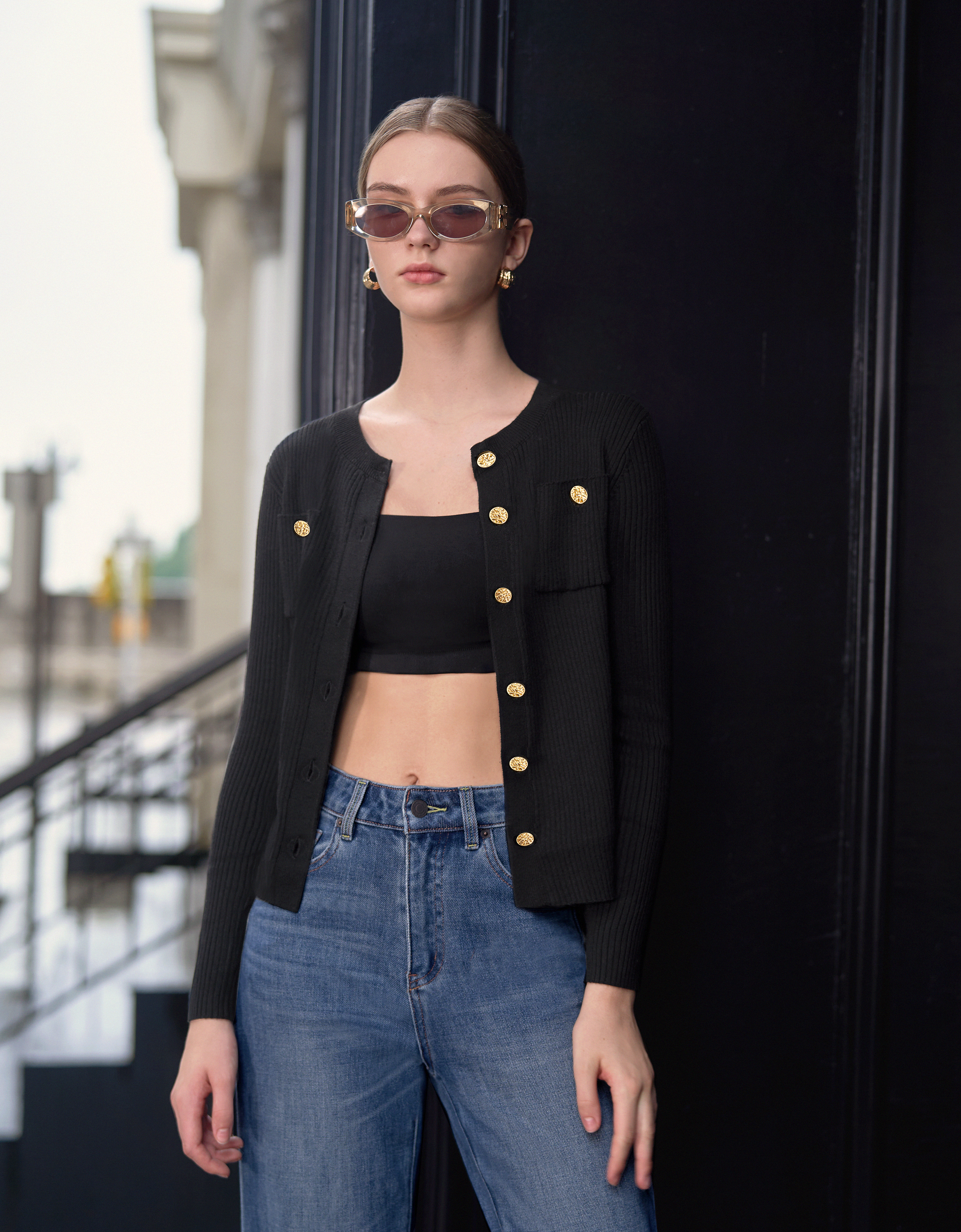 Metal Button Long Sleeve Knit Top